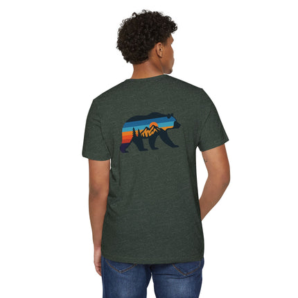 Retro Bear Mountain Sunset T-Shirt — Eco Organic Cotton Recycled Poly Tee