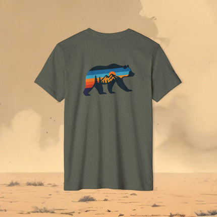 Retro Bear Mountain Sunset T-Shirt — Eco Organic Cotton Recycled Poly Tee