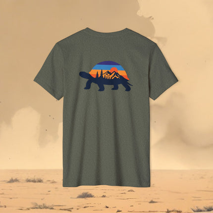 Retro Tortoise Mountain Sunset T-Shirt — Eco Organic Cotton Recycled Poly Tee