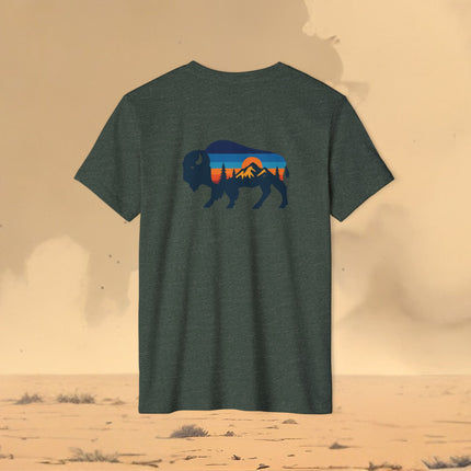 Retro Buffalo Mountain Sunset T-Shirt — Eco Organic Cotton Recycled Poly Tee