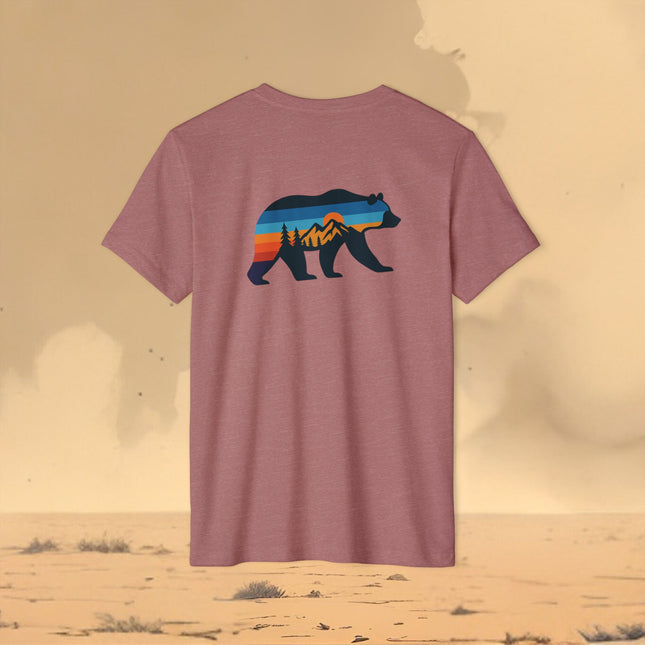Retro Bear Mountain Sunset T-Shirt — Eco Organic Cotton Recycled Poly Tee