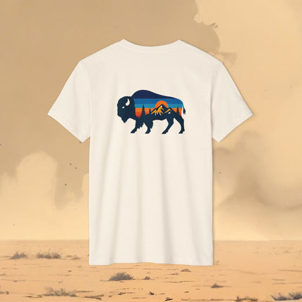 Retro Buffalo Mountain Sunset T-Shirt — Eco Organic Cotton Recycled Poly Tee