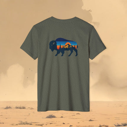 Retro Buffalo Mountain Sunset T-Shirt — Eco Organic Cotton Recycled Poly Tee
