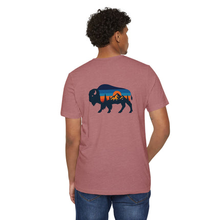 Retro Buffalo Mountain Sunset T-Shirt — Eco Organic Cotton Recycled Poly Tee