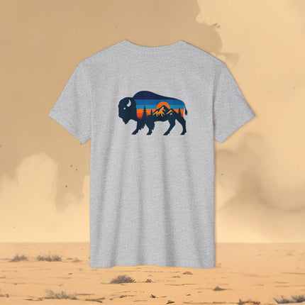 Retro Buffalo Mountain Sunset T-Shirt — Eco Organic Cotton Recycled Poly Tee