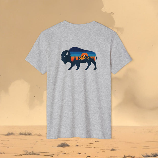 Retro Buffalo Mountain Sunset T-Shirt — Eco Organic Cotton Recycled Poly Tee
