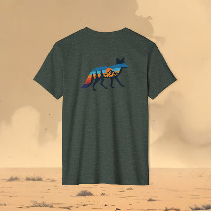 Retro Fox Mountain Sunset T-Shirt — Eco Organic Cotton Recycled Poly Tee