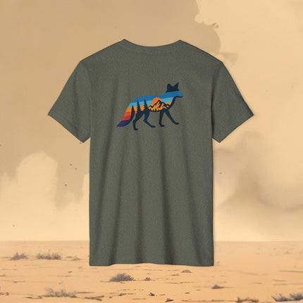 Retro Fox Mountain Sunset T-Shirt — Eco Organic Cotton Recycled Poly Tee