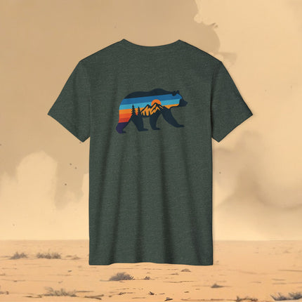 Retro Bear Mountain Sunset T-Shirt — Eco Organic Cotton Recycled Poly Tee