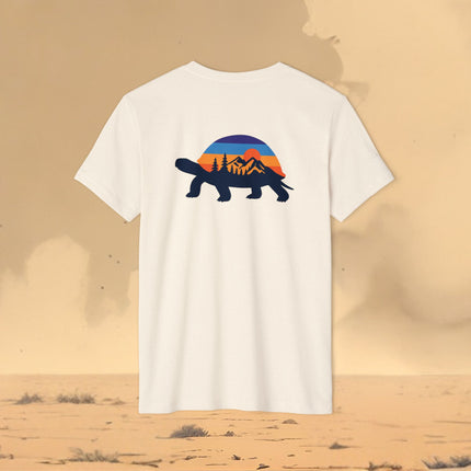 Retro Tortoise Mountain Sunset T-Shirt — Eco Organic Cotton Recycled Poly Tee