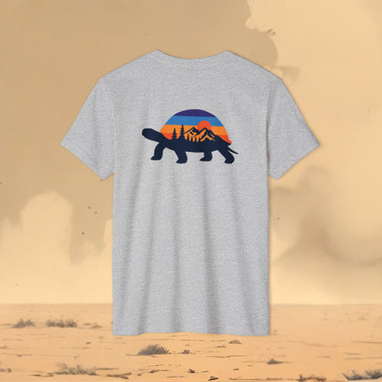 Retro Tortoise Mountain Sunset T-Shirt — Eco Organic Cotton Recycled Poly Tee