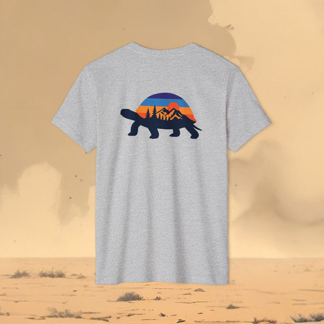 Retro Tortoise Mountain Sunset T-Shirt — Eco Organic Cotton Recycled Poly Tee