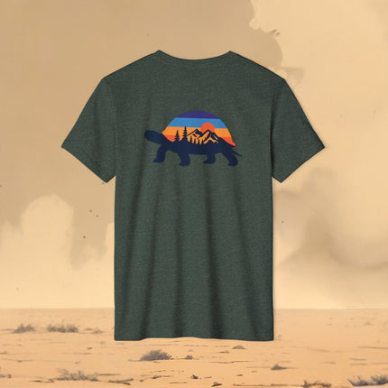 Retro Tortoise Mountain Sunset T-Shirt — Eco Organic Cotton Recycled Poly Tee