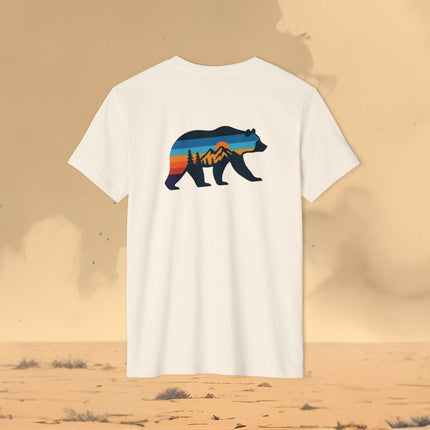Retro Bear Mountain Sunset T-Shirt — Eco Organic Cotton Recycled Poly Tee