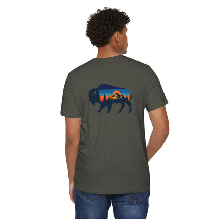 Retro Buffalo Mountain Sunset T-Shirt — Eco Organic Cotton Recycled Poly Tee