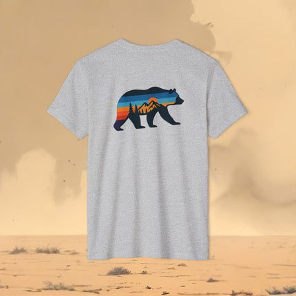 Retro Bear Mountain Sunset T-Shirt — Eco Organic Cotton Recycled Poly Tee