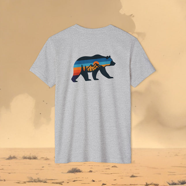 Retro Bear Mountain Sunset T-Shirt — Eco Organic Cotton Recycled Poly Tee