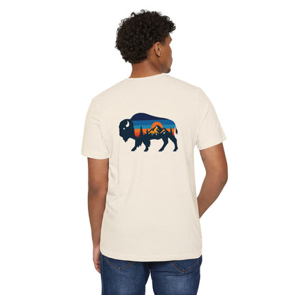 Retro Buffalo Mountain Sunset T-Shirt — Eco Organic Cotton Recycled Poly Tee